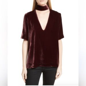 Theory Chocker Collar v neck Velvet Short Sleeve Top Blouse in Burgundy M